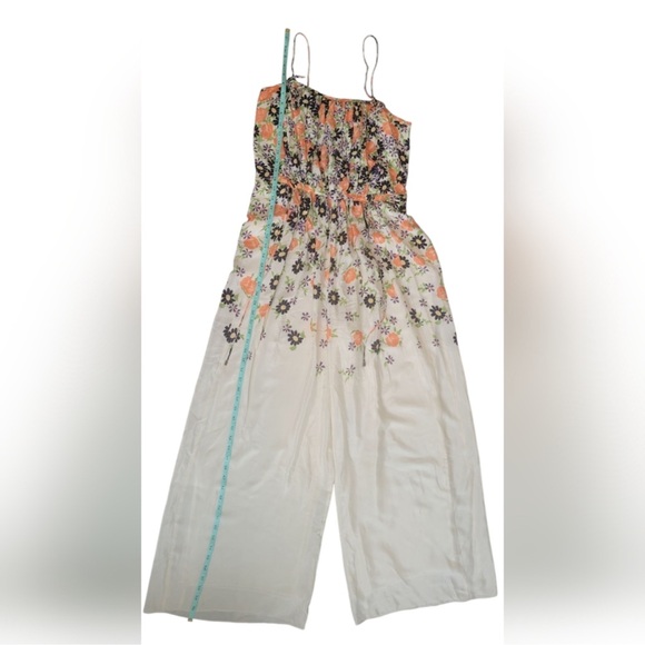 Elevenses Anthropologie Floral Silk Jumpsuit with Coral Accents - Picture 7 of 12